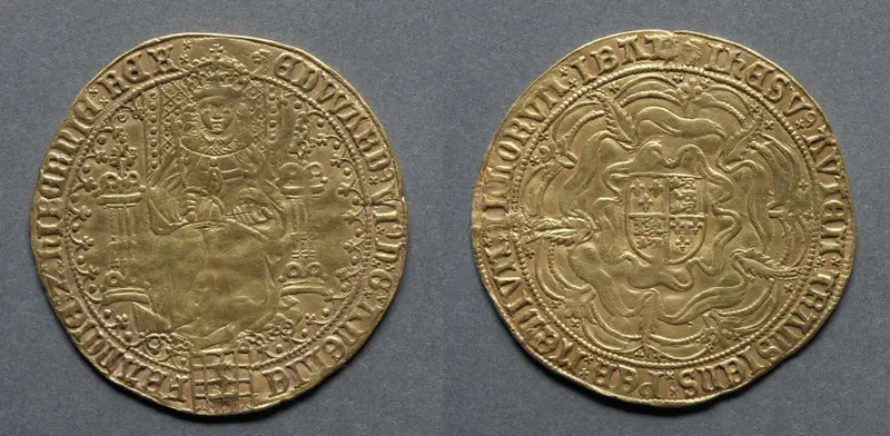 Sovereign of Thirty Shillings: Edward VI Enthroned (obverse); Shield of Royal Arms on Rose (reverse) — تصویر رکورد موزهٔ هنر کلیولند (دسترسی آزاد)