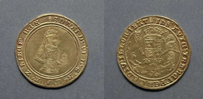 Sovereign of Twenty Shillings: Edward VI (obverse); Crowned Shield of Royal Arms (reverse) — تصویر رکورد موزهٔ هنر کلیولند (دسترسی آزاد)