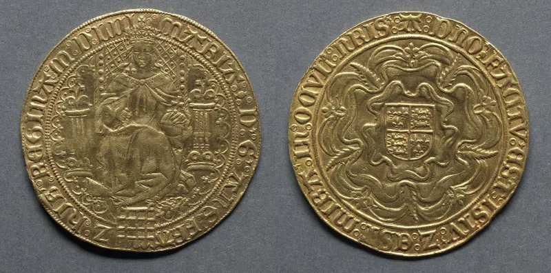 Sovereign: Mary Enthroned (obverse); Shield of Royal Arms on a Tudor Rose (reverse) — تصویر رکورد موزهٔ هنر کلیولند (دسترسی آزاد)