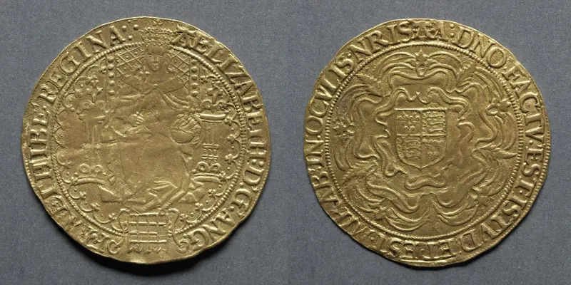 Sovereign of Thirty Shillings: Elizabeth I (obverse); Shield of Arms on Tudor Rose (reverse) — تصویر رکورد موزهٔ هنر کلیولند (دسترسی آزاد)