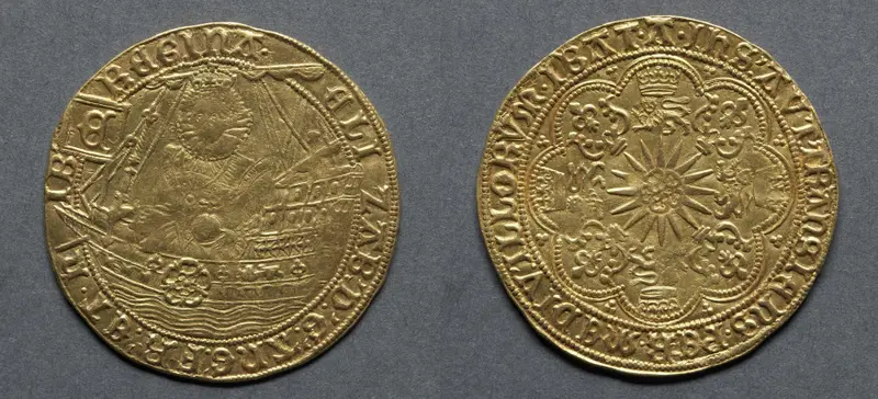 Ryal: Elizabeth I in Ship (obverse); Rose over Radiate Sun (reverse) — تصویر رکورد موزهٔ هنر کلیولند (دسترسی آزاد)