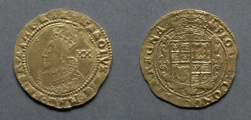 Unite: Charles I (obverse); Crowned Shield (reverse) — تصویر رکورد موزهٔ هنر کلیولند (دسترسی آزاد)