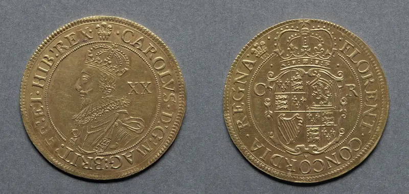 Unite: Charles I (obverse); Crowned Shield (reverse) — تصویر رکورد موزهٔ هنر کلیولند (دسترسی آزاد)