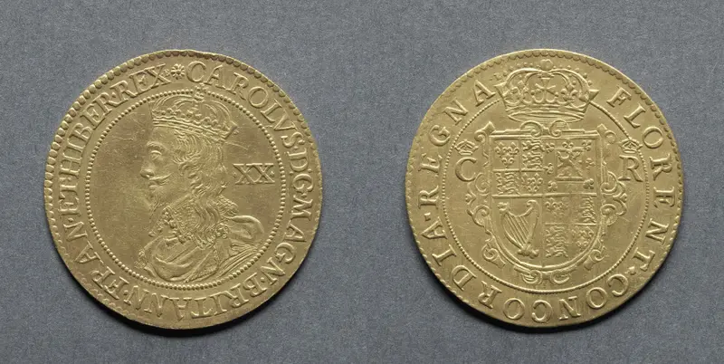 Unite: Charles I (obverse); Crowned Shield (reverse) — تصویر رکورد موزهٔ هنر کلیولند (دسترسی آزاد)