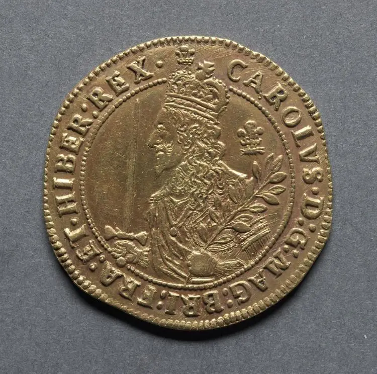 Triple Unite or Three Pound Piece: Charles I (obverse) — تصویر رکورد موزهٔ هنر کلیولند (دسترسی آزاد)