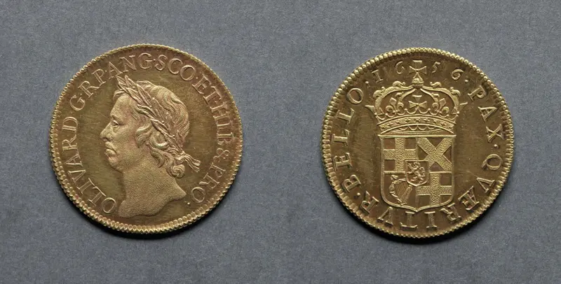 Broad: Oliver Cromwell Lord Protector (obverse); Crowned Shield of Arms (reverse) — تصویر رکورد موزهٔ هنر کلیولند (دسترسی آزاد)