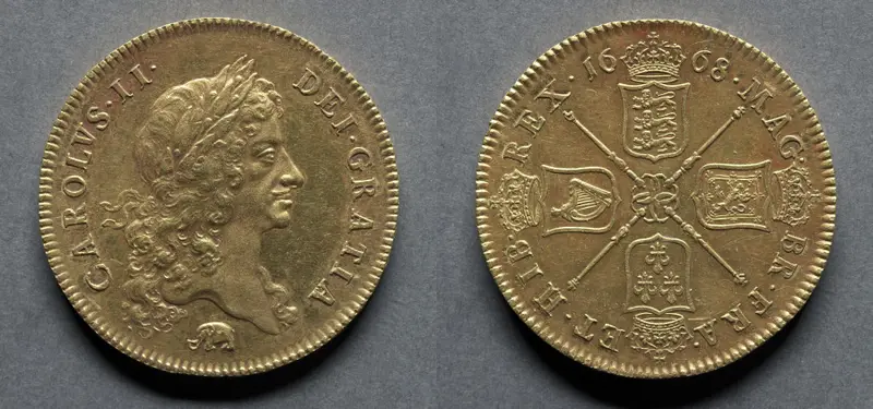 Five Guineas: Charles II (obverse); Four Shields (reverse) — تصویر رکورد موزهٔ هنر کلیولند (دسترسی آزاد)