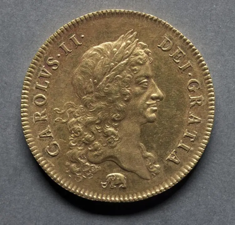 Five Guineas: Charles II (obverse) — تصویر رکورد موزهٔ هنر کلیولند (دسترسی آزاد)