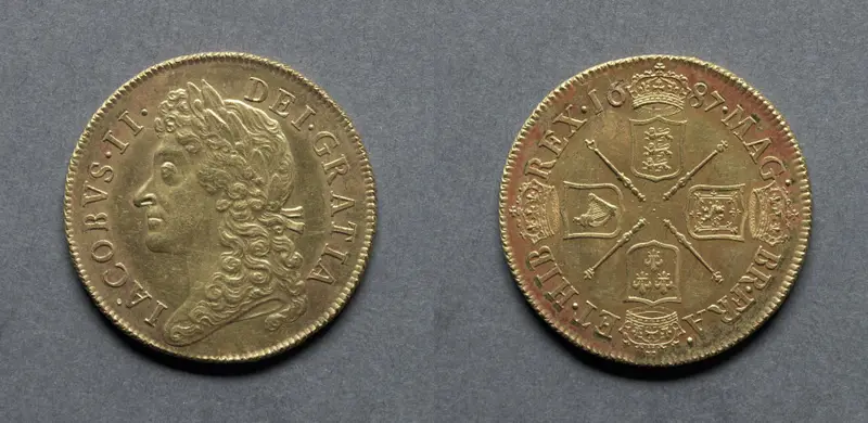 Two Guineas: James II (obverse); Four Shields of Arms (reverse) — تصویر رکورد موزهٔ هنر کلیولند (دسترسی آزاد)