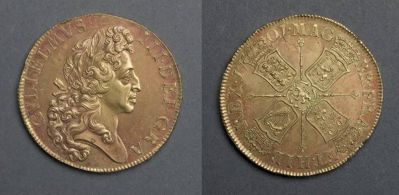 Five Guineas: William III (obverse); Four Shields and Lion of Nassau (reverse) — تصویر رکورد موزهٔ هنر کلیولند (دسترسی آزاد)