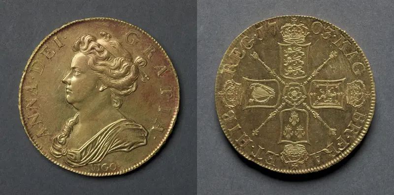Five Guineas: Anne (obverse); Shields and rose (reverse) — تصویر رکورد موزهٔ هنر کلیولند (دسترسی آزاد)