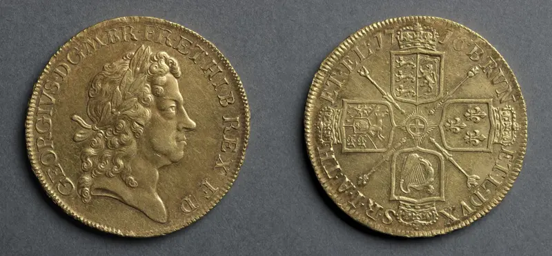 Five Guineas: George I (obverse); Shields and Star of the Order of the Garter (reverse) — تصویر رکورد موزهٔ هنر کلیولند (دسترسی آزاد)