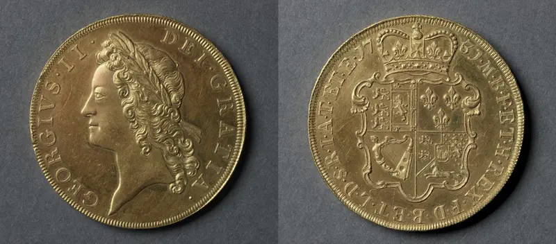 Five Guineas: George II (obverse); Shield of Arms (reverse) — تصویر رکورد موزهٔ هنر کلیولند (دسترسی آزاد)
