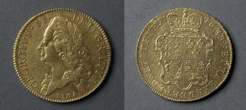 Five Guineas: George II (obverse); Shield of Arms (reverse) — تصویر رکورد موزهٔ هنر کلیولند (دسترسی آزاد)