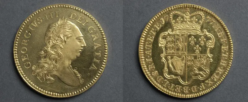 Five Guineas: George III (obverse); Shield of Arms (reverse) — تصویر رکورد موزهٔ هنر کلیولند (دسترسی آزاد)