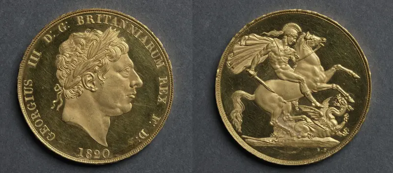 Two Pound Piece: George III (obverse); St. George and the Dragon (reverse) — تصویر رکورد موزهٔ هنر کلیولند (دسترسی آزاد)