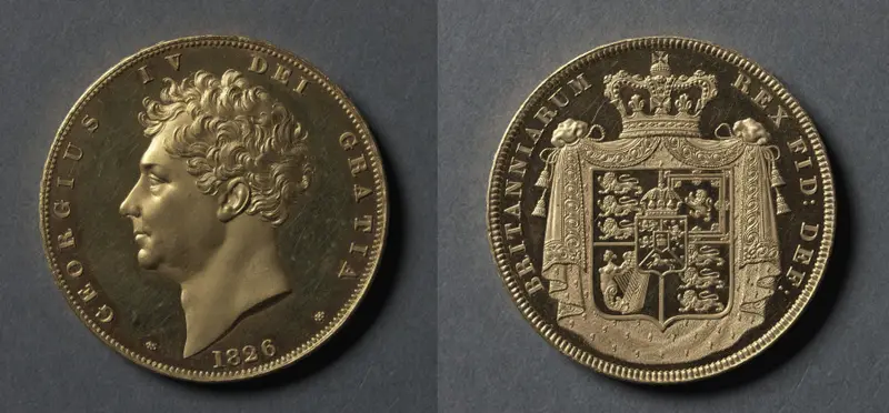 Five Pound Piece: George IV (obverse); Shield of Arms (reverse) — تصویر رکورد موزهٔ هنر کلیولند (دسترسی آزاد)