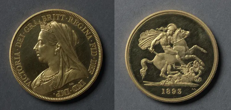 Five Pound Piece: Victoria (obverse); St. George and the Dragon (reverse) — تصویر رکورد موزهٔ هنر کلیولند (دسترسی آزاد)