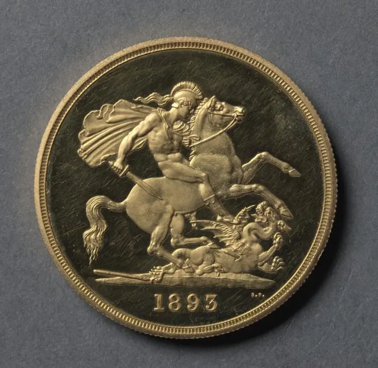 Five Pound Piece: St. George and the Dragon (reverse) — تصویر رکورد موزهٔ هنر کلیولند (دسترسی آزاد)