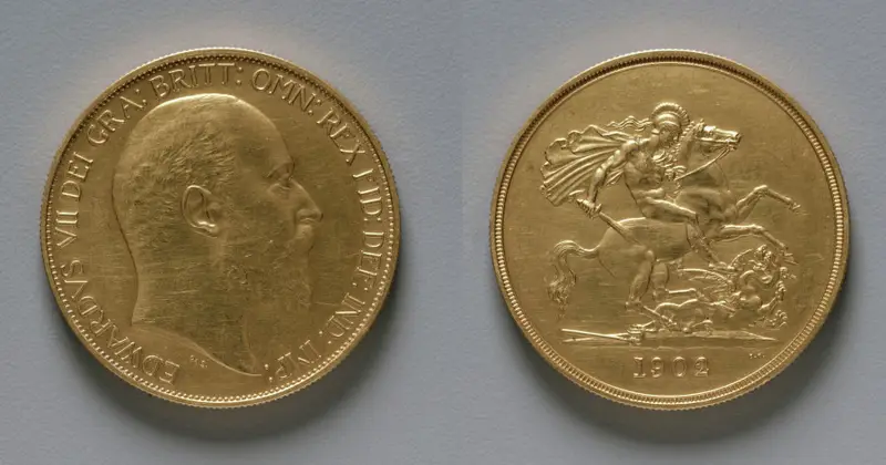 Five Pound Piece: Edward VII (obverse); St. George and the Dragon (reverse) — تصویر رکورد موزهٔ هنر کلیولند (دسترسی آزاد)
