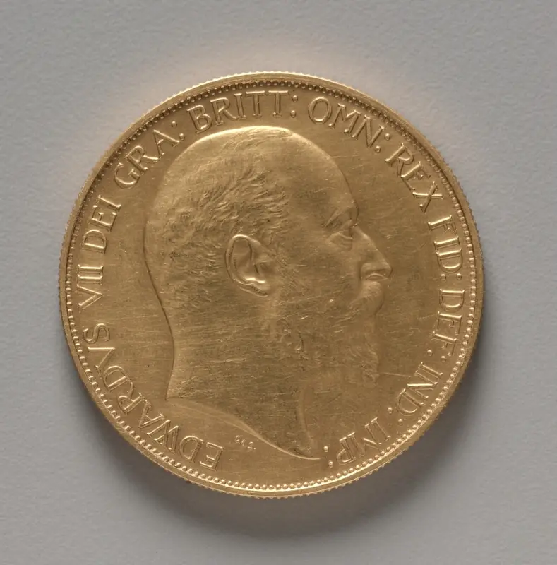 Five Pound Piece: Portrait of Edward VII (obverse) — تصویر رکورد موزهٔ هنر کلیولند (دسترسی آزاد)