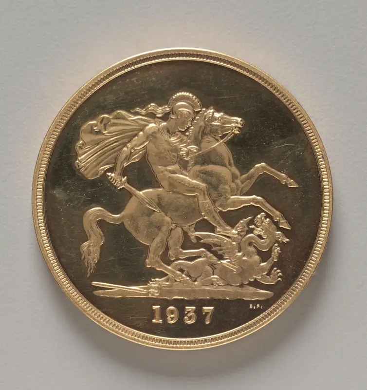 Five Pound Piece: St. George and the Dragon (reverse) — تصویر رکورد موزهٔ هنر کلیولند (دسترسی آزاد)
