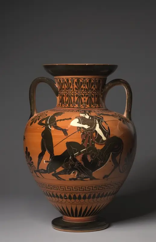 Black-Figure Neck-Amphora (Storage Vessel): Herakles and Nemean Lion (A); Dionysos, Satyrs, and Maenads (B) — تصویر رکورد موزهٔ هنر کلیولند (دسترسی آزاد)