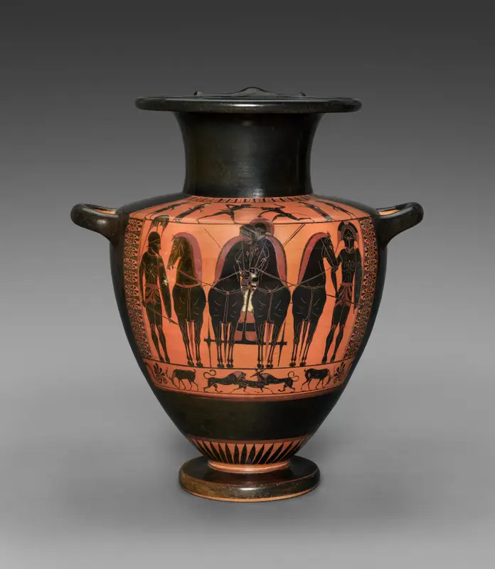 Black-Figure Hydria (Water Vessel): Frontal Quadriga (Body); Theseus and Minotaur (Shoulder) — تصویر رکورد موزهٔ هنر کلیولند (دسترسی آزاد)