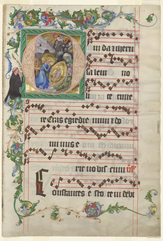 Bifolio from an Antiphonary: Historiated Initial O with the Nativity — تصویر رکورد موزهٔ هنر کلیولند (دسترسی آزاد)