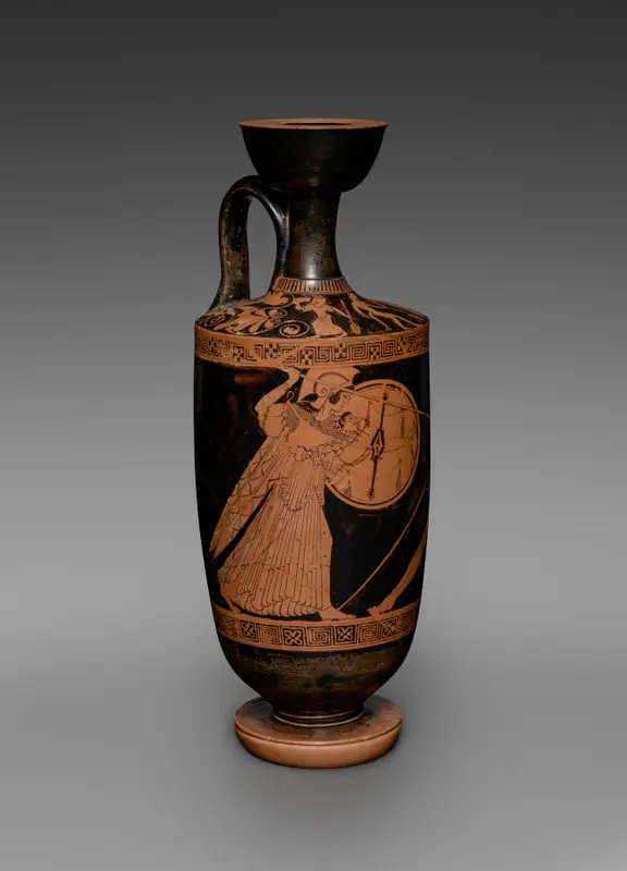 Red-Figure Lekythos (Oil Vessel): Athena Slaying Giant (body); Satyr between Maenads (shoulder) — تصویر رکورد موزهٔ هنر کلیولند (دسترسی آزاد)