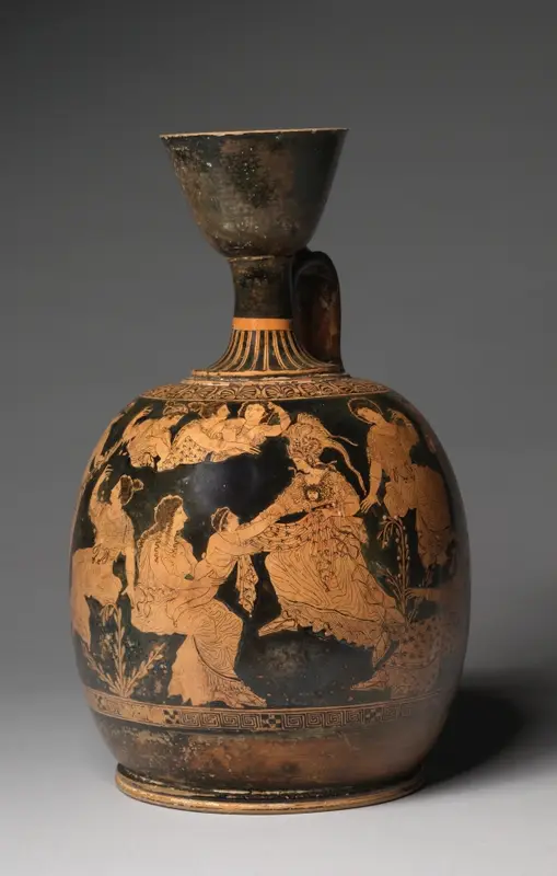 Red-Figure Squat Lekythos (Oil Vessel): Birth of Erichthonios — تصویر رکورد موزهٔ هنر کلیولند (دسترسی آزاد)