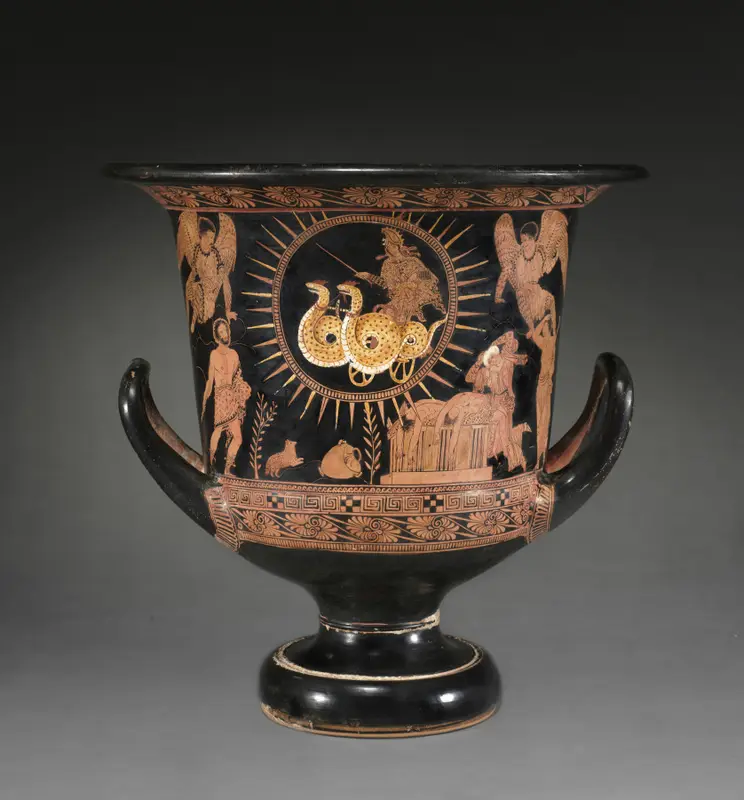 Red-Figure Calyx-Krater (Mixing Vessel): Medea in Chariot (A); Telephos with Baby Orestes (B) — تصویر رکورد موزهٔ هنر کلیولند (دسترسی آزاد)