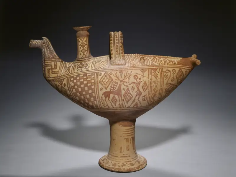 Italo-Geometric Bird Askos (Oil Vessel): Hunter (Herakles?) and Stag — تصویر رکورد موزهٔ هنر کلیولند (دسترسی آزاد)