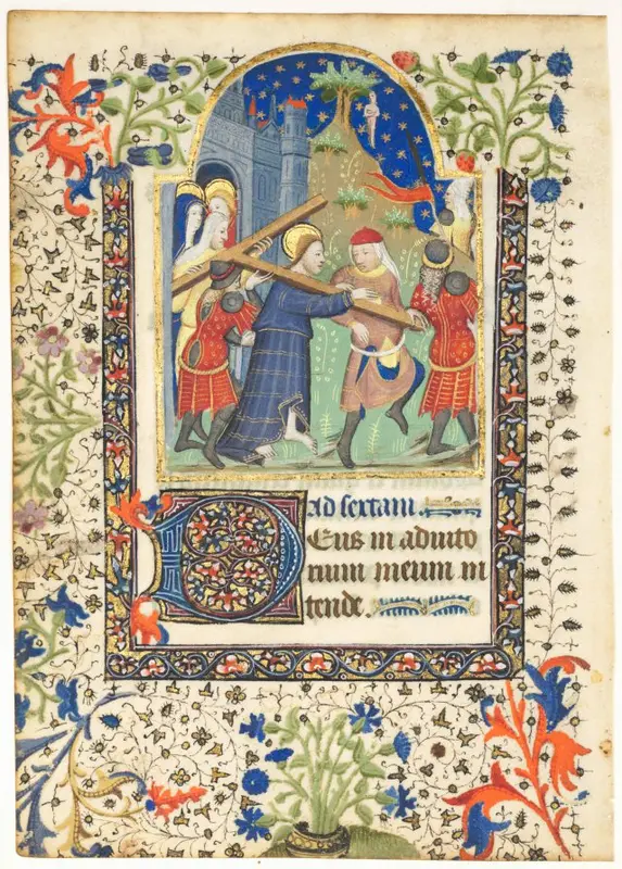 Leaf from a Book of Hours: Christ Carrying the Cross (Sext, Hours of the Cross) — تصویر رکورد موزهٔ هنر کلیولند (دسترسی آزاد)
