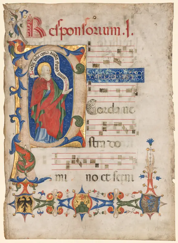 Leaf from an Antiphonary: Historiated Initial P with the Prophet Samuel; Arms of the Visconti Family and the Olivetan Order — تصویر رکورد موزهٔ هنر کلیولند (دسترسی آزاد)