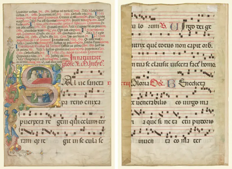 Leaf from a Gradual: Historiated Initial S[alve Sancta Parens] with Birth of the Virgin (recto) and Music (verso) — تصویر رکورد موزهٔ هنر کلیولند (دسترسی آزاد)