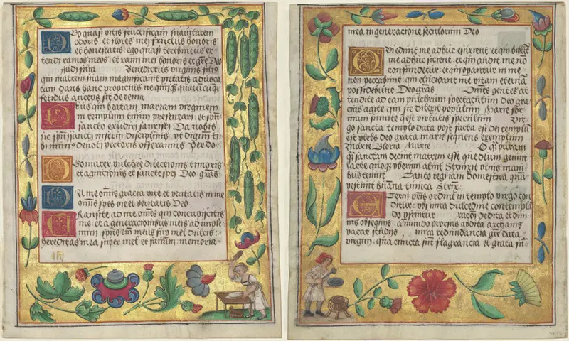 Leaf from a Psalter and Prayerbook: Ornamental Border with Pea Vines and a Girl Kneading Bread (recto) and Ornamental Boarder with Carnations, a Thistle, and a Cook Ladling Soup (verso) (1 of 3 Excised Leaves) — تصویر رکورد موزهٔ هنر کلیولند (دسترسی آزاد)