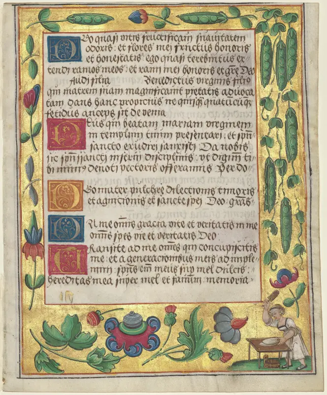Leaf from a Psalter and Prayerbook: Ornamental Border with Pea Vines and a Girl Kneading Bread (recto) — تصویر رکورد موزهٔ هنر کلیولند (دسترسی آزاد)
