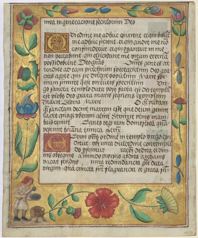 Leaf from a Psalter and Prayerbook: Ornamental Border with Carnations, a Thistle, and a Cook Ladling Soup (verso) — تصویر رکورد موزهٔ هنر کلیولند (دسترسی آزاد)