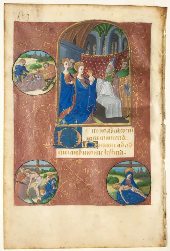 Leaf from a Book of Hours:  Presentation in the Temple with Roundels of the Casting of Lots, the Deposition, and Pietà (None, Office of the Virgin) — تصویر رکورد موزهٔ هنر کلیولند (دسترسی آزاد)