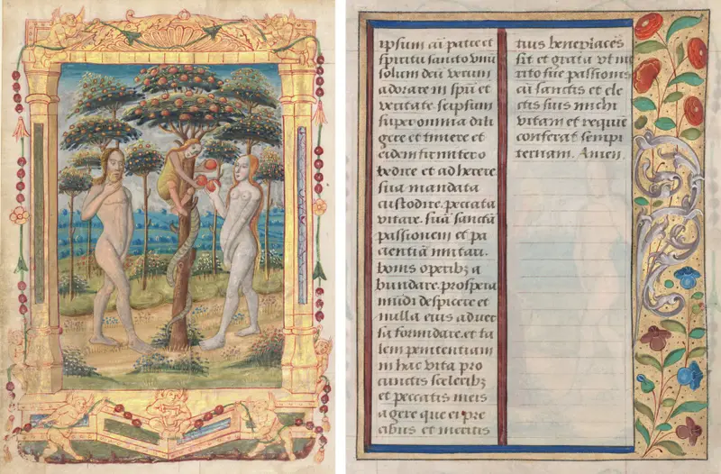 Leaf from a Book of Hours: Adam and Eve and the Fall of Man (Prefatory Miniature to the Office of the Virgin) (recto) and Text with Illustrated Border (verso) (1 of 3 Excised Leaves) — تصویر رکورد موزهٔ هنر کلیولند (دسترسی آزاد)