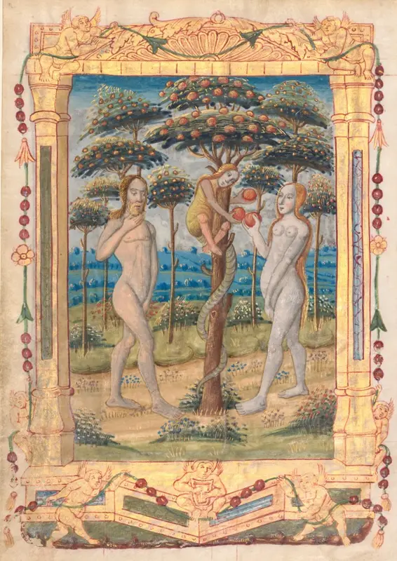 Leaf from a Book of Hours: Adam and Eve and the Fall of Man (Prefatory Miniature to the Office of the Virgin) (recto) — تصویر رکورد موزهٔ هنر کلیولند (دسترسی آزاد)