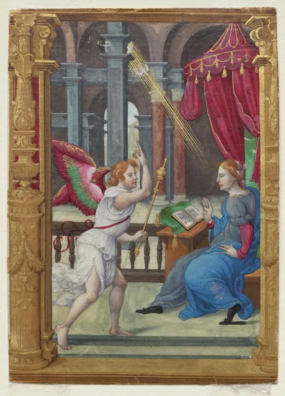 The Annunciation (Matins, Office of the Virgin): Leaf from a Book of Hours (1 of 3 Excised Leaves) — تصویر رکورد موزهٔ هنر کلیولند (دسترسی آزاد)