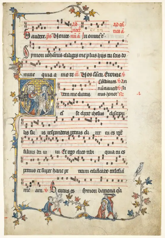 Leaf Excised from an Antiphonary: Initial Q with Saints Peter and Paul — تصویر رکورد موزهٔ هنر کلیولند (دسترسی آزاد)