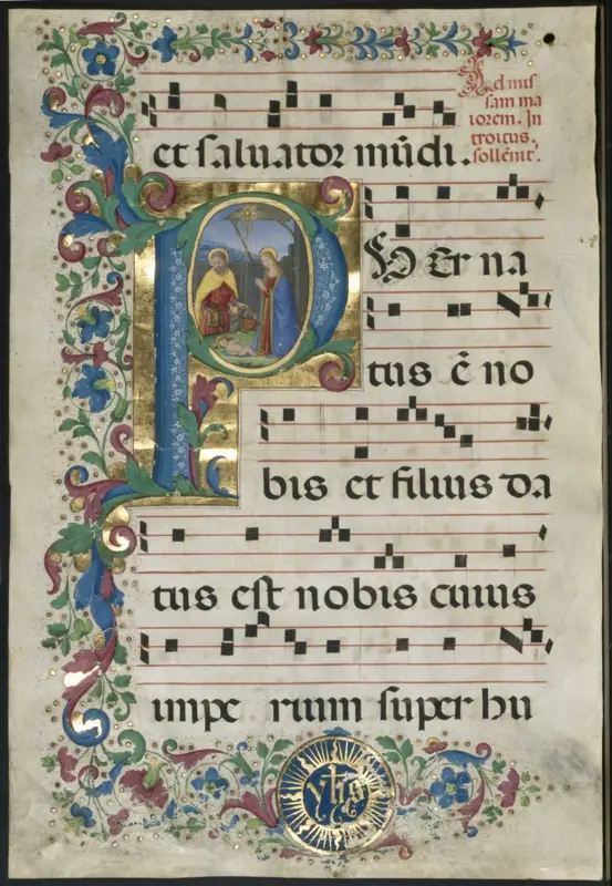 Leaf from a Gradual: Initial P with the Nativity — تصویر رکورد موزهٔ هنر کلیولند (دسترسی آزاد)