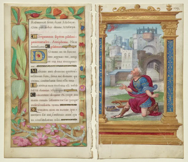 Adjoining Leaves from a Book of Hours: Penitential Psalms and King David in Prayer (2 of 3 Excised Leaves) — تصویر رکورد موزهٔ هنر کلیولند (دسترسی آزاد)