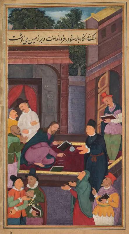 Jesus writes on the ground (folio 130 verso), from a Mirror of Holiness (Mir’at al-quds) of Father Jerome Xavier — تصویر رکورد موزهٔ هنر کلیولند (دسترسی آزاد)