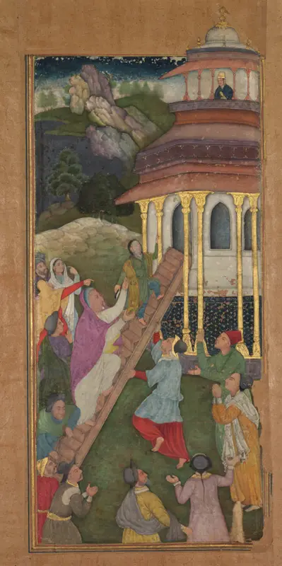 Mary ascends the stairs to the temple, from a Mirror of Holiness (Mir’at al-quds) of Father Jerome Xavier — تصویر رکورد موزهٔ هنر کلیولند (دسترسی آزاد)