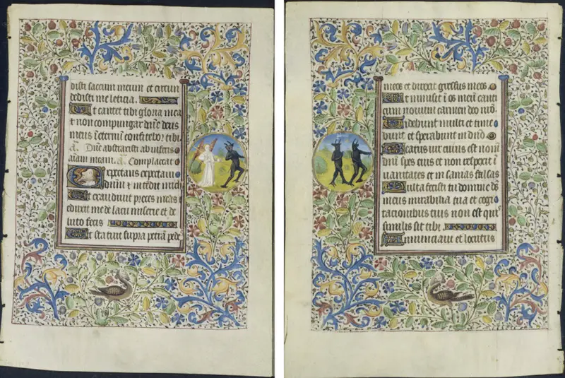 Leaf from a Book of Hours: Office of the Dead: Angel Chasing a Devil (recto) and Two Devils (verso) — تصویر رکورد موزهٔ هنر کلیولند (دسترسی آزاد)