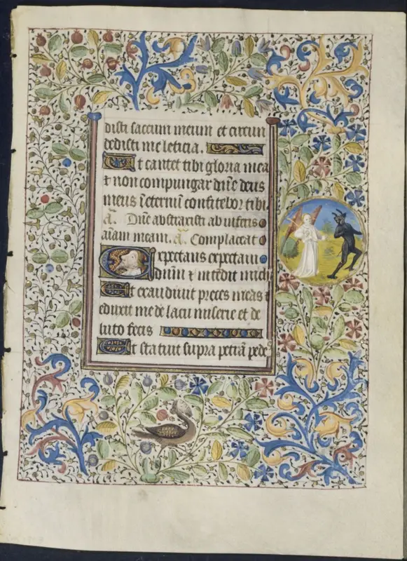 Leaf from a Book of Hours: Office of the Dead: Angel Chasing a Devil (recto) — تصویر رکورد موزهٔ هنر کلیولند (دسترسی آزاد)